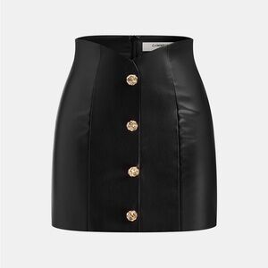 NWT Commense black faux leather mini skirt with gold detail